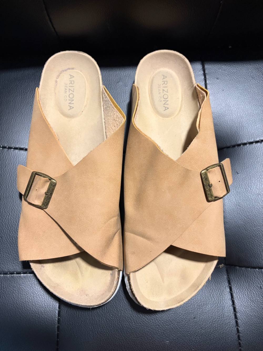 Arizona Jean Company Tan Crossover Buckle Mules, size 9.5
